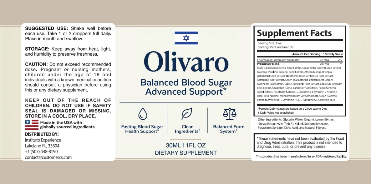 Olivaro label with Supplement Facts: chromium 0.7 mcg and a 200 mg proprietary blend of 22 botanical extracts and amino acids per 1 ml serving, 30 servings per bottle